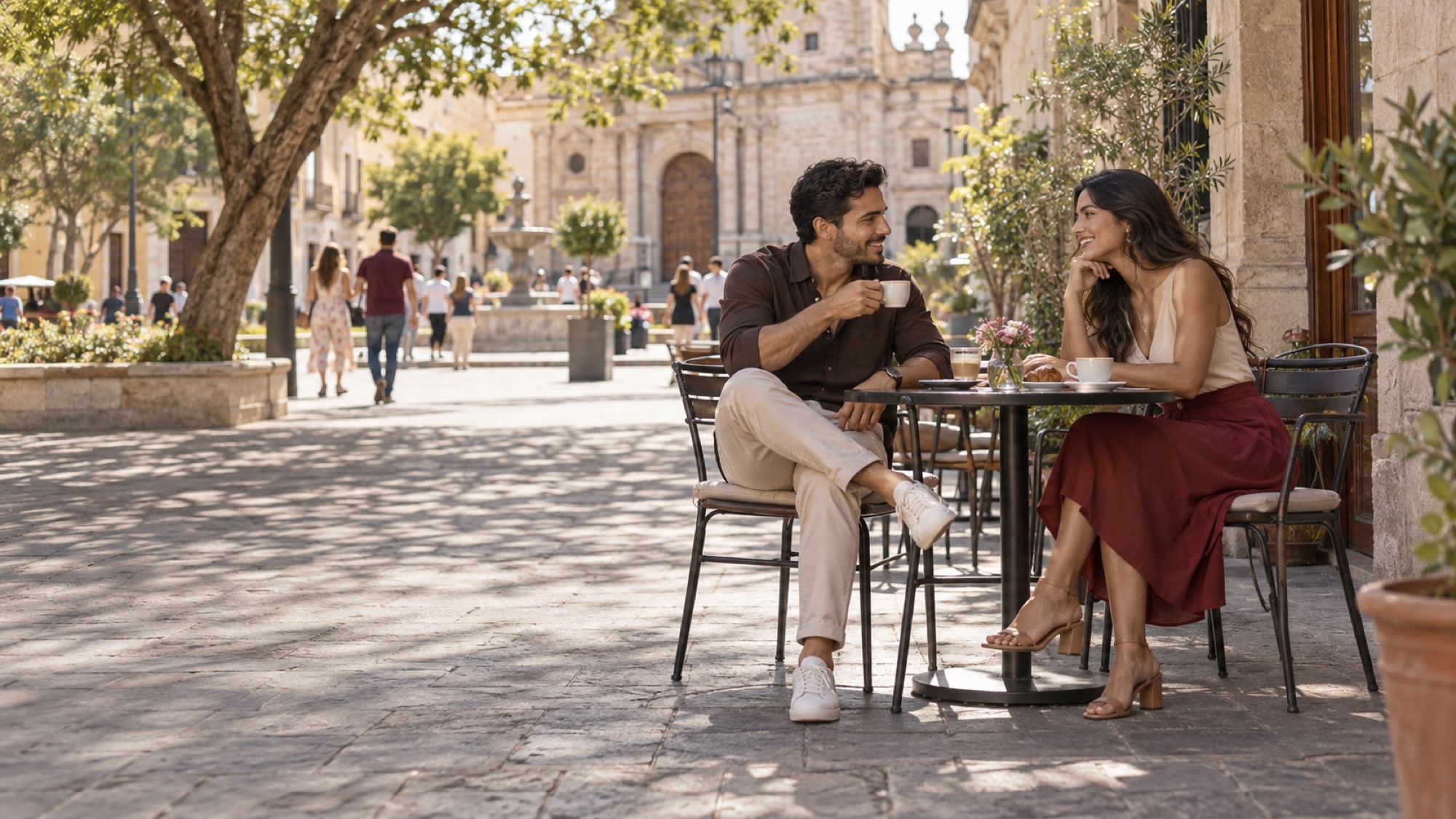 Dos adultos conversando con un café en una terraza de una plaza de la ciudad.