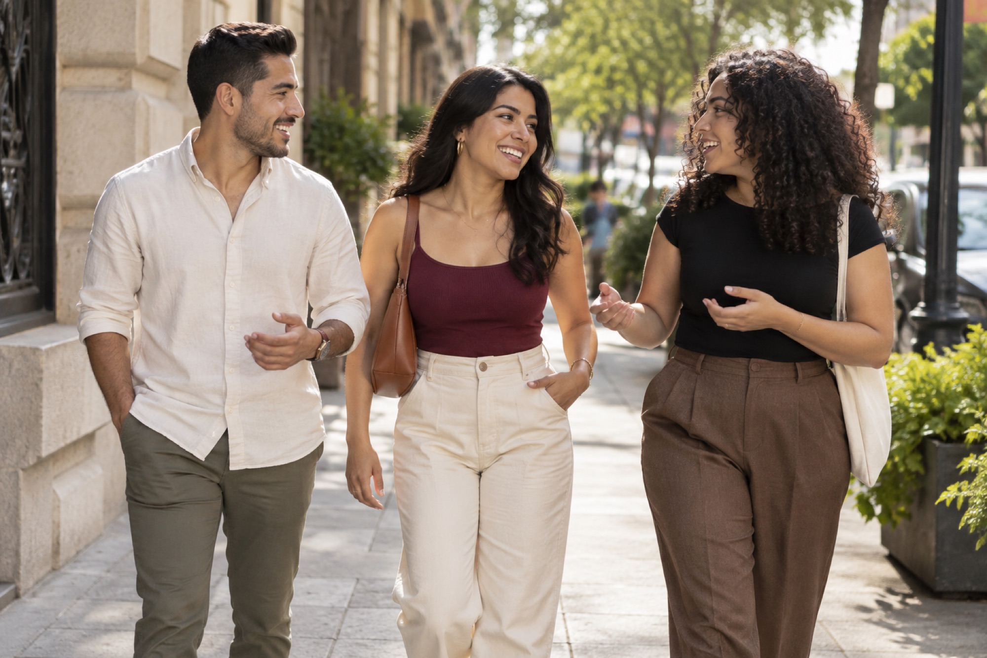 Three adults walking and laughing together on a city sidewalk.